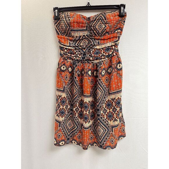 Xhilaration Womens Strapless Orange Print Mini Dress Size Medium 100% Rayon - Picture 1 of 7